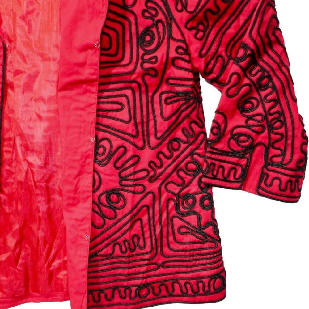 Joni B Red Black Embroidered Boho Sz M Jacket Art to Wear Topper 3/4 Sleeve